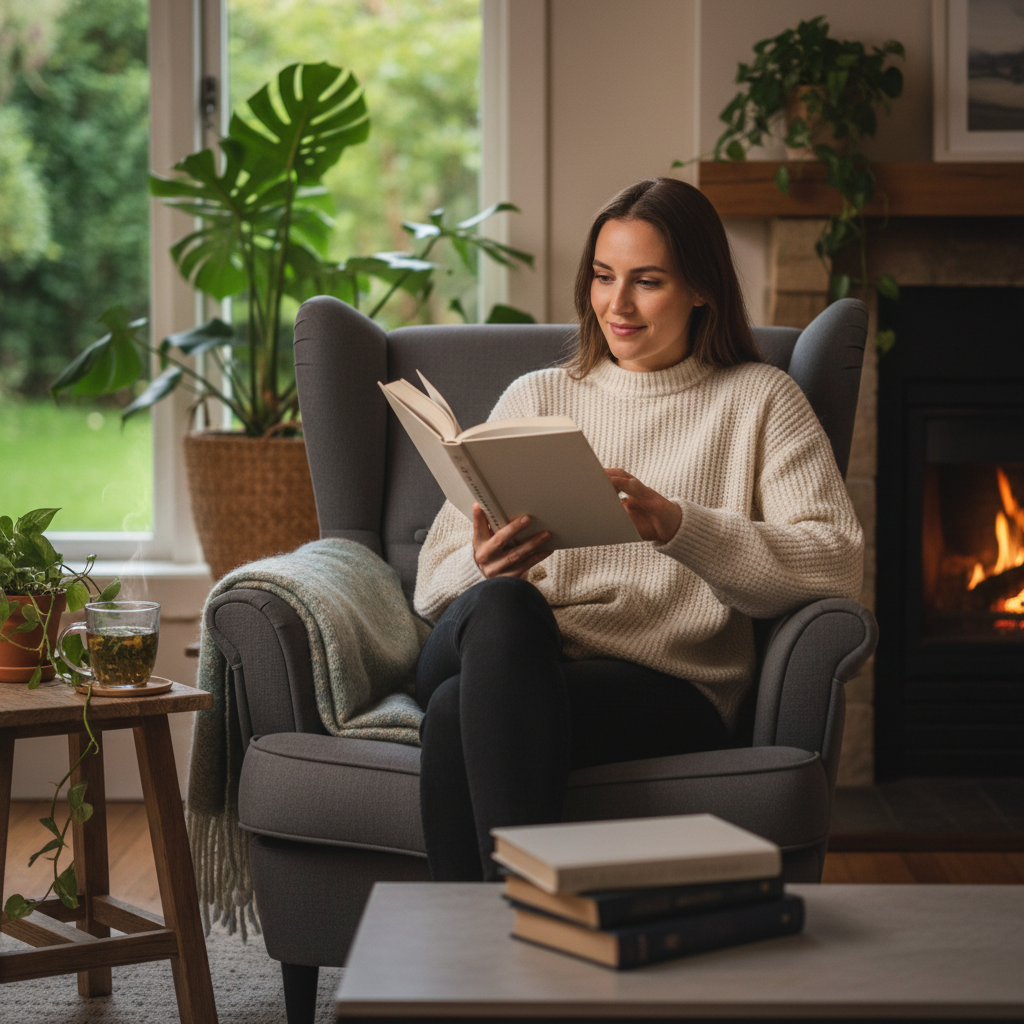 Seseorang membaca buku di lingkungan yang tenang dan nyaman