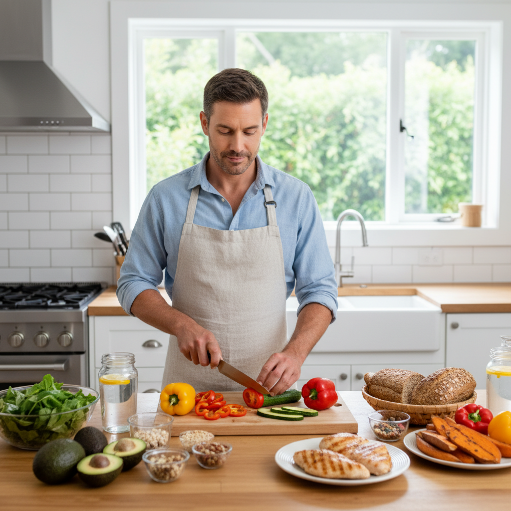 Pria menyiapkan makanan sehat dan bergizi