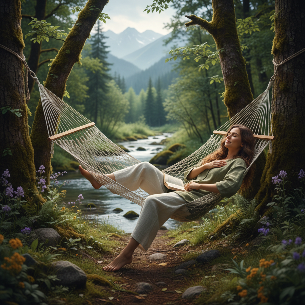 Pria beristirahat dengan tenang di lingkungan alam